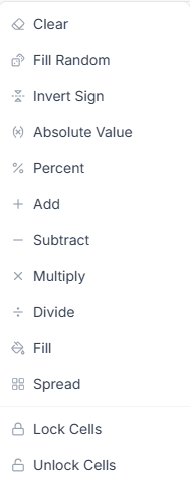 The cube commands menu — clear, fill, arithmetic, spread, lock, and more.