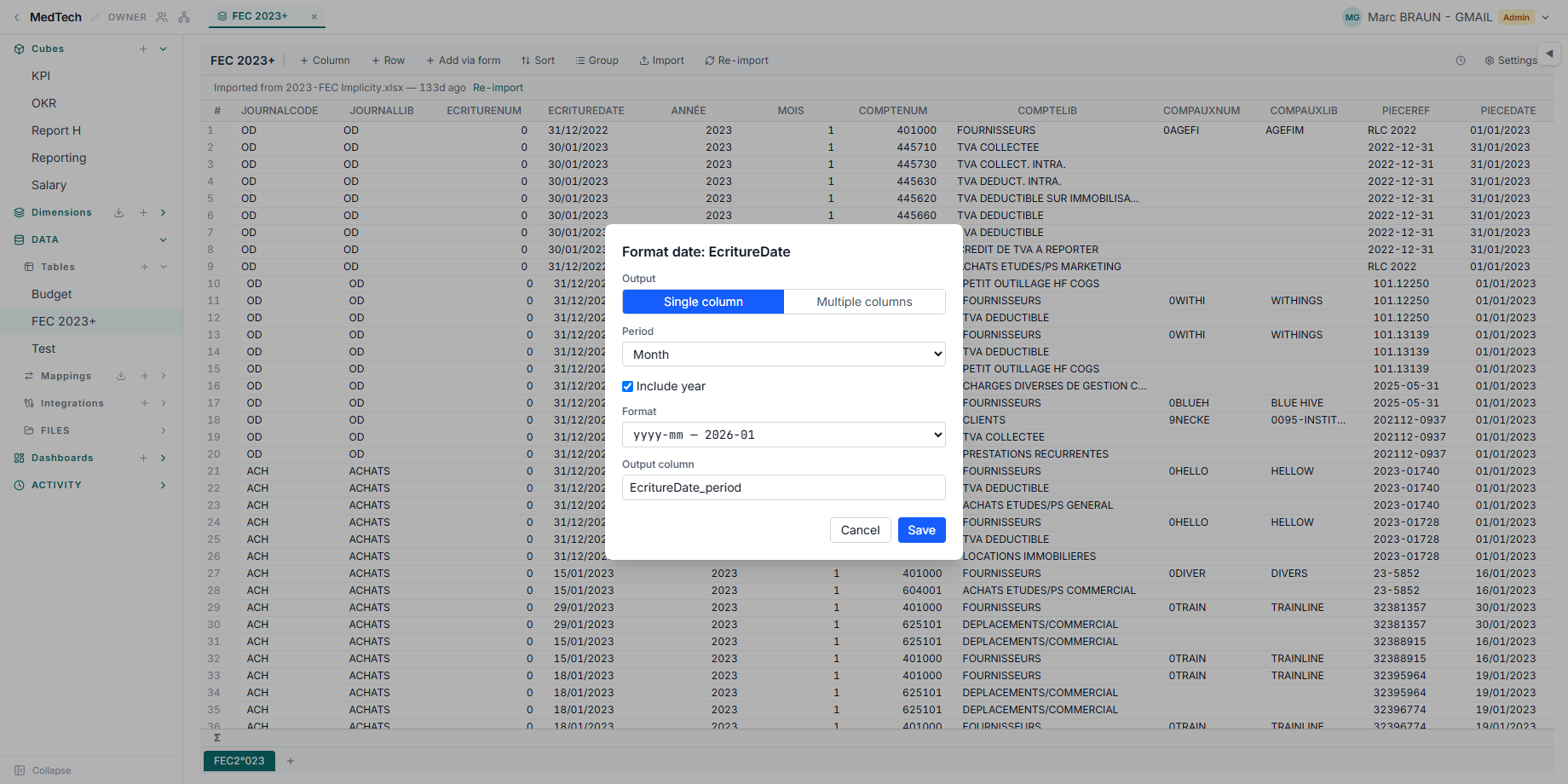 The Format date dialog on a ledger's date column, set to Single column: a period granularity, an output format, and the name of the column it writes.