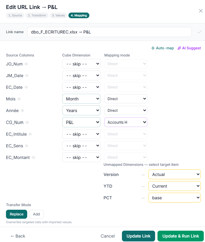 The Link mapping editor: source columns matched to cube dimensions, with unmapped dimensions pinned to fixed items.